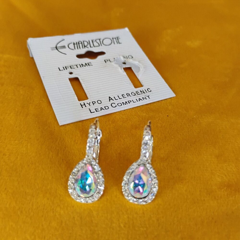 Charlestone Silver Tone Teardrop Aurora Borealis Rhinestone Leverback Earrings